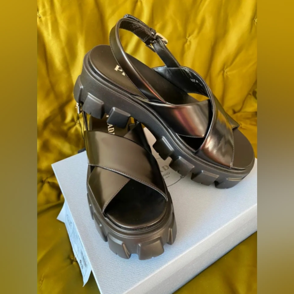 Prada Monolith Black brushed leather sandals